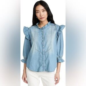 Free People We the Free Louise Blue Denim Ruffled Top Sz M